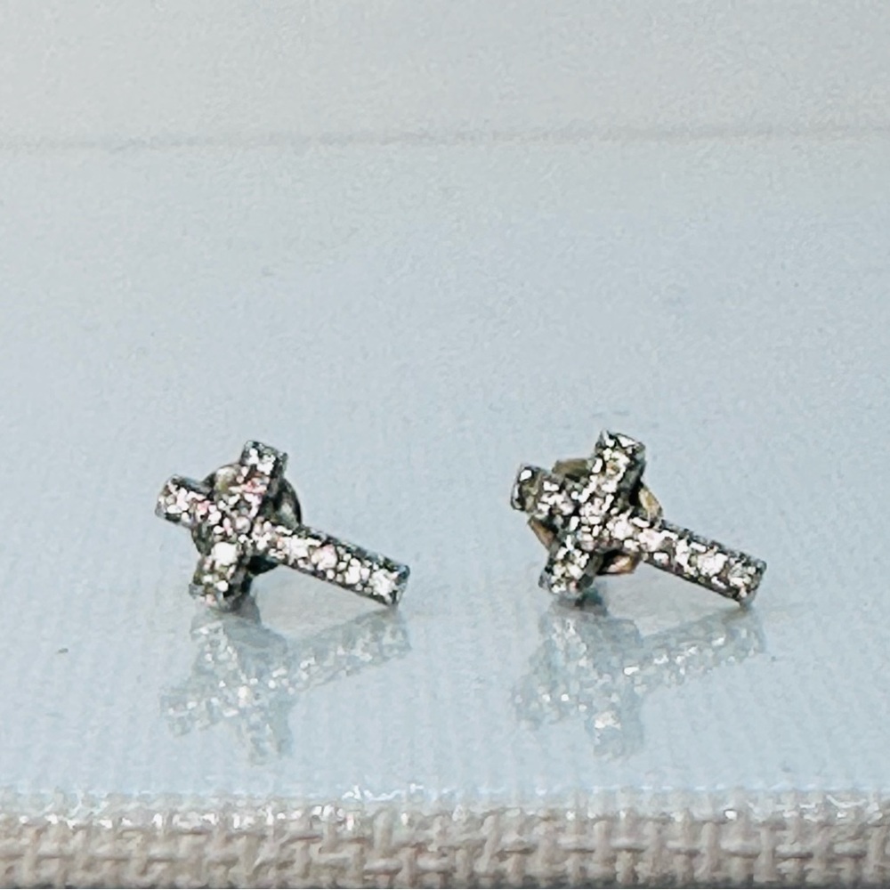 Vintage Cross Stud Religious Children Earrings Clear Crystal CZ 0.3”
